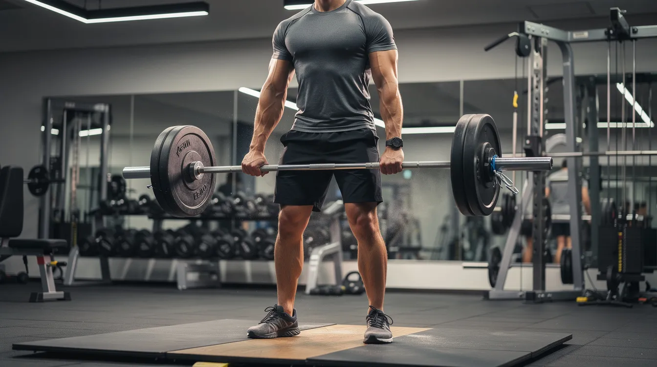 A person is performing a barbell exercise in a well-lit gym, focusing on building muscle mass and enhancing muscle growth through resistance training. The scene highlights the importance of proper technique and form in supporting muscle protein synthesis and overall fitness routine.