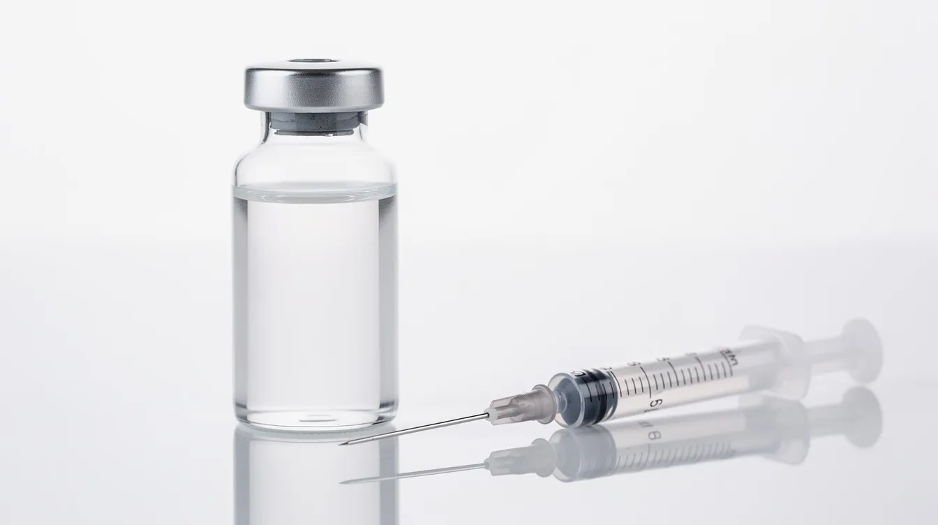 The image depicts a medical vial filled with a clear liquid positioned next to a small syringe, which may be used for peptide therapy aimed at enhancing muscle growth and supporting muscle recovery. This setup suggests a focus on muscle protein synthesis and the potential use of growth hormone releasing peptides for improved body composition.