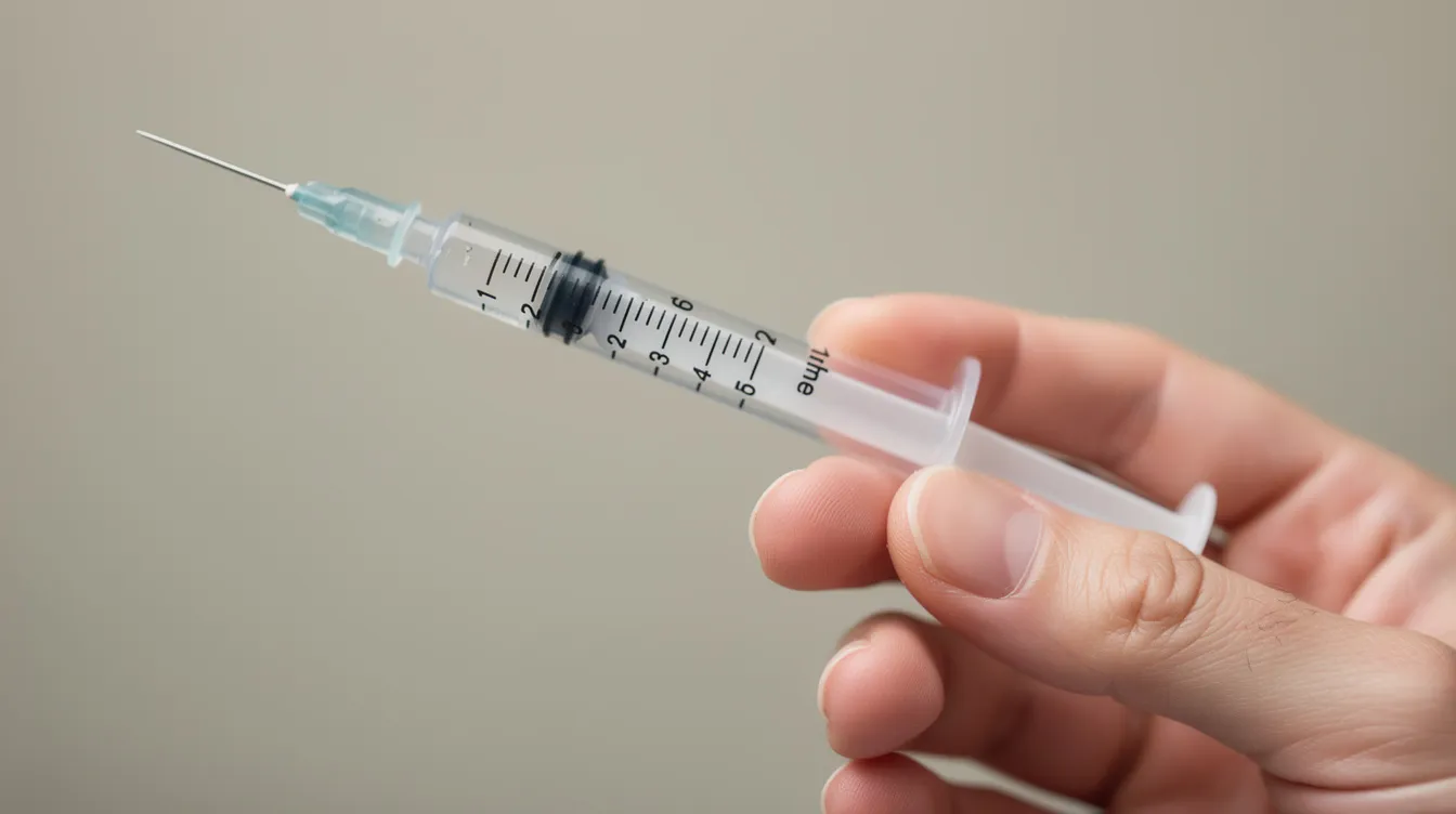 A hand is holding an insulin syringe, which features visible measurement markings for accurately calculating dosages. This image highlights the importance of precise dosing in peptide therapy, especially when preparing a peptide solution from a vial containing lyophilized peptide powder.