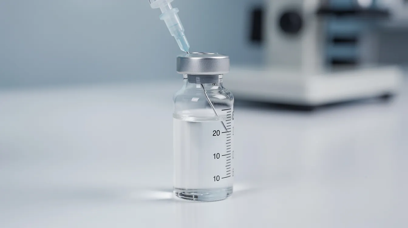 A close-up image shows a glass vial containing a clear peptide solution, with a syringe drawing the liquid inside. This scene highlights the process of peptide reconstitution, where researchers can accurately calculate dosages for peptide therapy and determine the correct dose for muscle growth or skin rejuvenation.