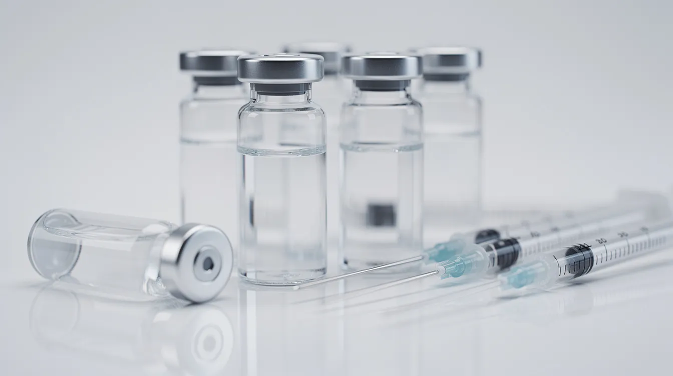 La imagen muestra una vista de cerca de viales de laboratorio y jeringas de insulina ordenados sobre una superficie blanca, destacando las herramientas utilizadas para la terapia con péptidos y el cálculo de dosis. Estos elementos son esenciales para que los investigadores preparen con precisión las soluciones de péptidos y determinen la dosis adecuada para diversos tratamientos.
