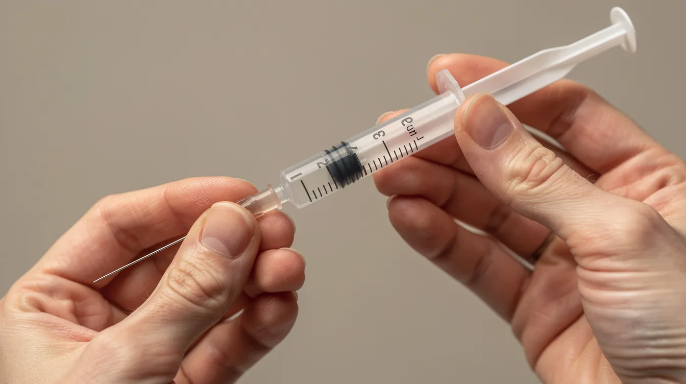 La imagen muestra un par de manos sosteniendo una jeringa de insulina, listas para administrar una dosis precisa de medicamento sobre un fondo neutro. Esta imagen enfatiza la importancia del cálculo preciso de la dosis en tratamientos que involucran hormonas peptídicas u otros medicamentos.
