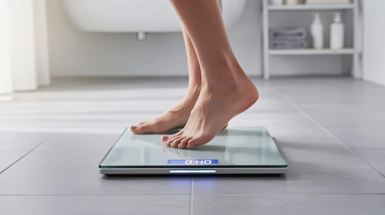A person is stepping onto a modern bathroom scale, which displays their body weight as part of their weight management journey. This image reflects the importance of monitoring weight for metabolic health and blood sugar control, crucial aspects of effective obesity treatment.