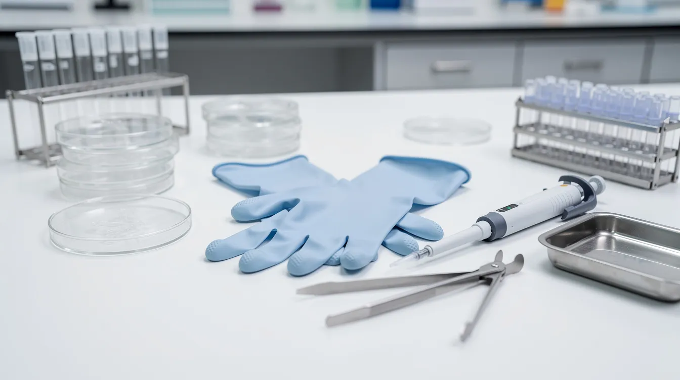 La imagen muestra un espacio de trabajo de laboratorio limpio con equipos estériles y guantes de laboratorio, ideal para realizar experimentos que involucran la reconstitución de péptidos y el cálculo de dosis. Esta configuración garantiza dosis precisas de hormonas peptídicas para aplicaciones de investigación y terapéuticas.