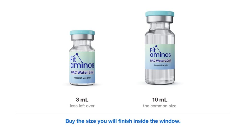 Fit Aminos bacteriostatic water in 3 mL and 10 mL multi-dose vials side by side