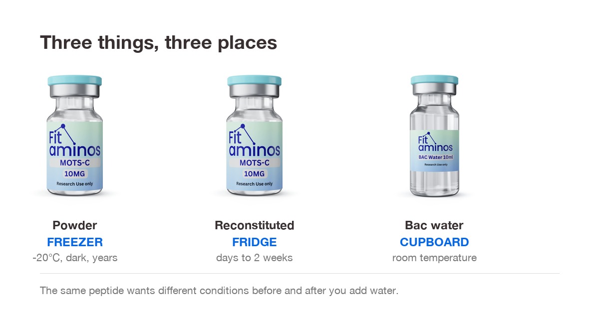Peptide vial as powder, reconstituted, and a bacteriostatic water vial, each labelled with its storage location