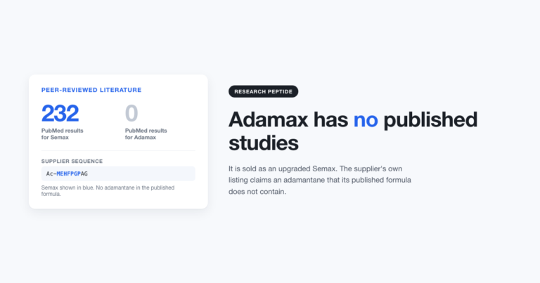 Comparison showing 232 PubMed results for Semax against none for Adamax, beside the Adamax supplier sequence